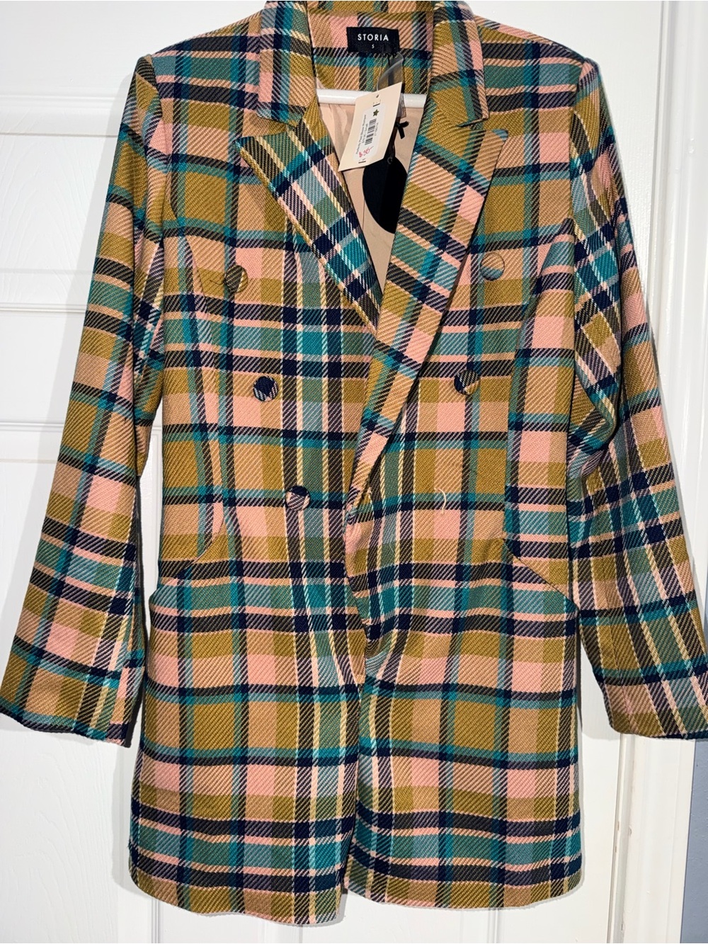 Storia Pink Olive and Navy Plaid Double-Breasted Blazer